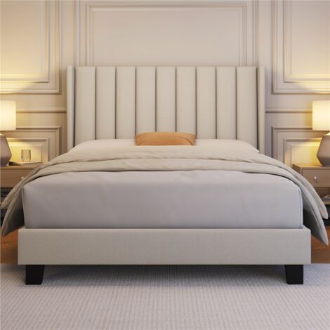 Yaheetech Upholstered Bed Frame with Wing Side Platform Bed,135 cm W x 190 cm L, Beige