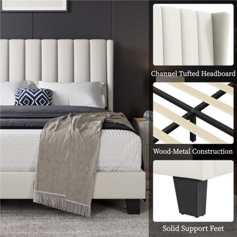 Yaheetech Upholstered Bed Frame with Wing Side Platform Bed,135 cm W x 190 cm L, Beige