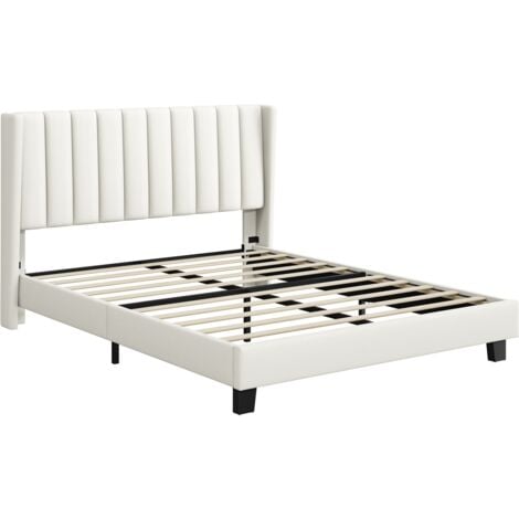 Yaheetech Upholstered Bed Frame with Wing Side Platform Bed,150 cm W x 200 cm L, Beige