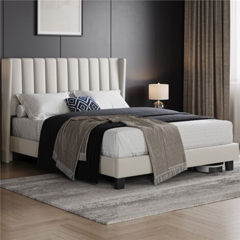 Yaheetech Upholstered Bed Frame with Wing Side Platform Bed,150 cm W x 200 cm L, Beige