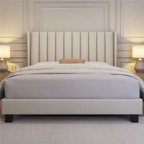 Yaheetech Upholstered Bed Frame with Wing Side Platform Bed,150 cm W x 200 cm L, Beige