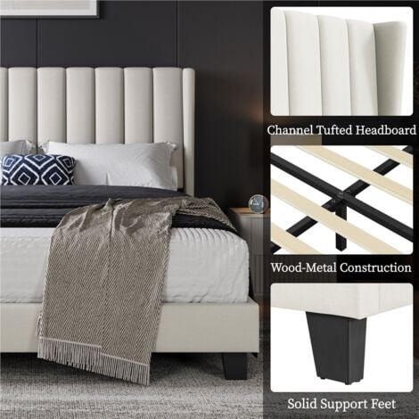 Yaheetech Upholstered Bed Frame with Wing Side Platform Bed,150 cm W x 200 cm L, Beige