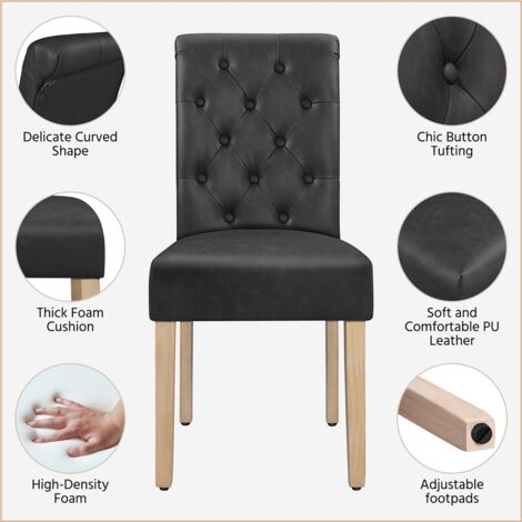Yaheetech 2pcs PU Leather Dining Chairs with Solid Wood Legs, Dark Grey