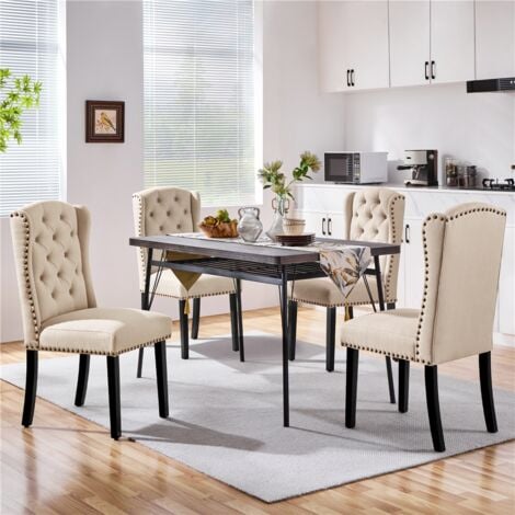 Yaheetech 2pcs Upholstered Dining Chairs with Nailhead Trim Button Tufted Dining Chairs with Wood Legs Beige