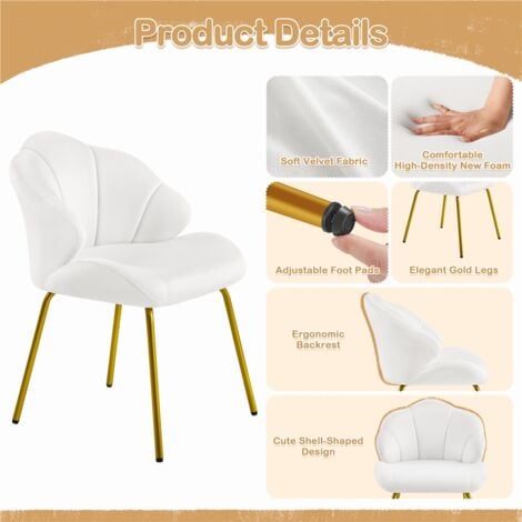 Yaheetech Shell-shaped Velvet Accent Chair with Golden Metal Legs. White