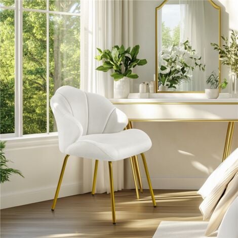 Yaheetech Shell-shaped Velvet Accent Chair with Golden Metal Legs. White