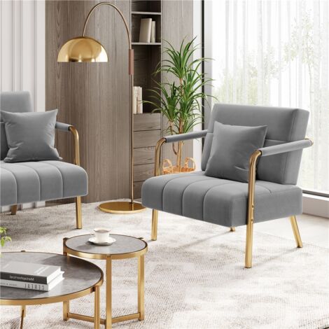 Yaheetech Velvet Accent Armchair with Gold Metal Frame, Light Grey
