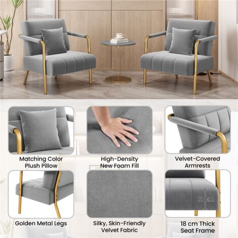 Yaheetech Velvet Accent Armchair with Gold Metal Frame, Light Grey