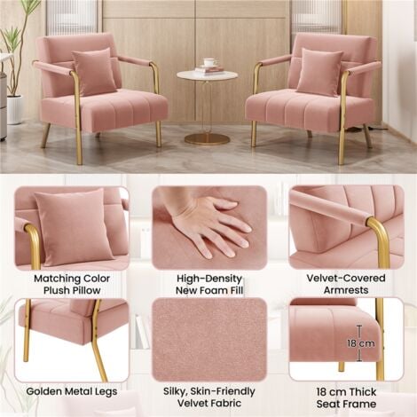 Yaheetech Velvet Accent Armchair with Gold Metal Frame, Pink