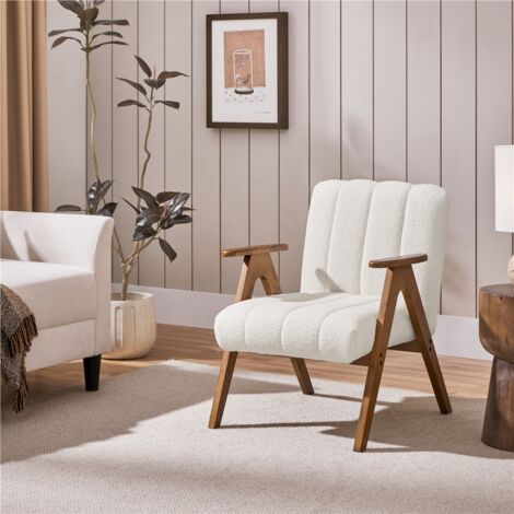 Yaheetech Modern Upholstered Accent Armchair with V Shaped Solid Wood Legs, White