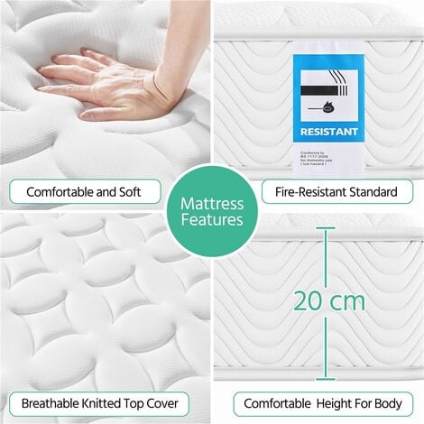 Yaheetech 4ft6 Double Mattress Pocket Coil Spring Comfortable Medium Firm Single Bed Mattress 20cm Thickness, White