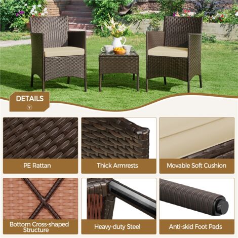Yaheetech 3-Piece Wicker Furniture Set, Outdoor Patio Conversation Furniture Set，Brown/Khaki
