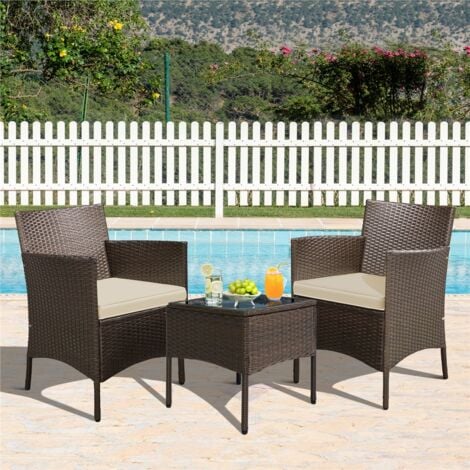 Yaheetech 3-Piece Wicker Furniture Set, Outdoor Patio Conversation Furniture Set，Brown/Khaki