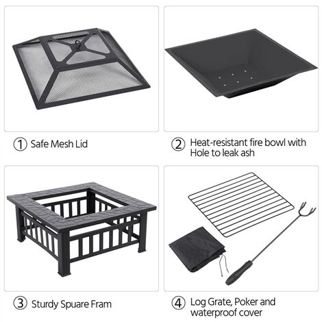 Yaheetech 3 in 1 Outdoor Fire Pit Metal Square Firepit
