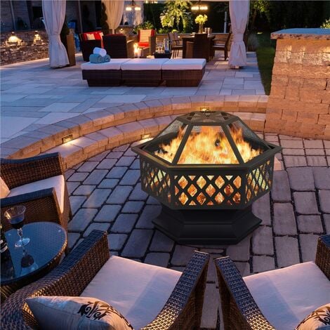 Yaheetech Metal Fire Pit Hexagon Shaped Fireplace for Outdoor Patio Backyard Camping Garden, Black