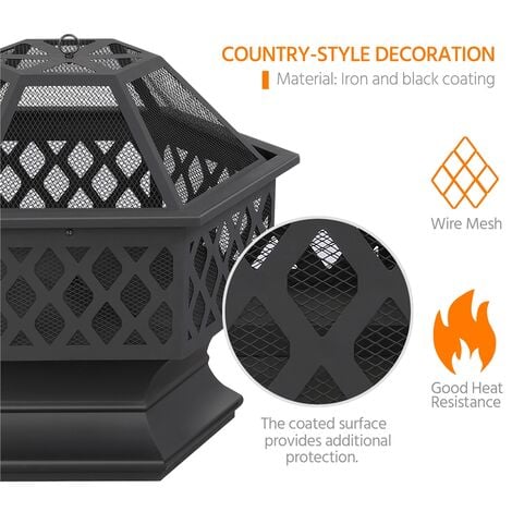 Yaheetech Metal Fire Pit Hexagon Shaped Fireplace for Outdoor Patio Backyard Camping Garden, Black