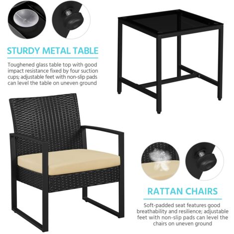 Yaheetech Rattan 3-Piece Patio Set Cushioned Bistro Set，Black/Khaki