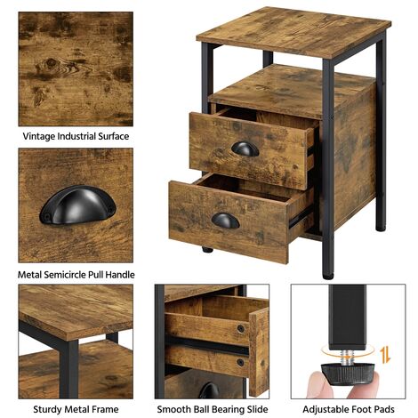 Yaheetech Narrow Side Table with 2 Drawers and Open Shelf,Metal Frame, Rustic Brown
