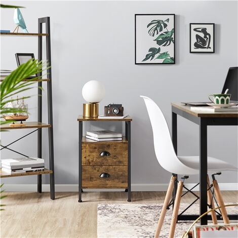 Yaheetech Narrow Side Table with 2 Drawers and Open Shelf,Metal Frame, Rustic Brown