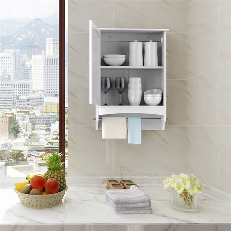 48x16x65.5cm White Yaheetech Single Door Wall Cabinet Hanging Bathroom Storage Cabinet with Rod and Adjustable Shelf 