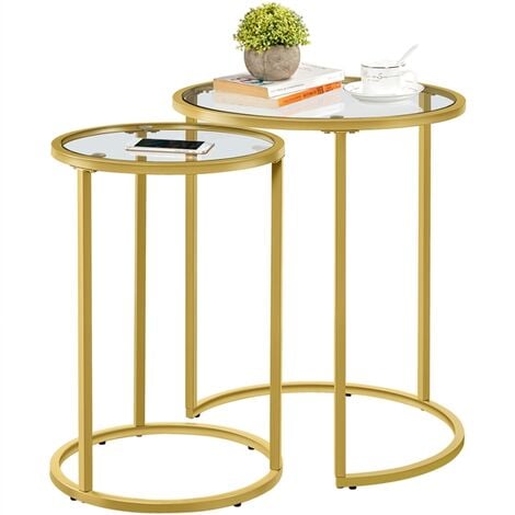 Yaheetech Round Nesting Tables Set of 2 Modern Design Side Table with Metal Frame and Glass Top End Tables Bedside Tables for Living Room, Mustard Gold