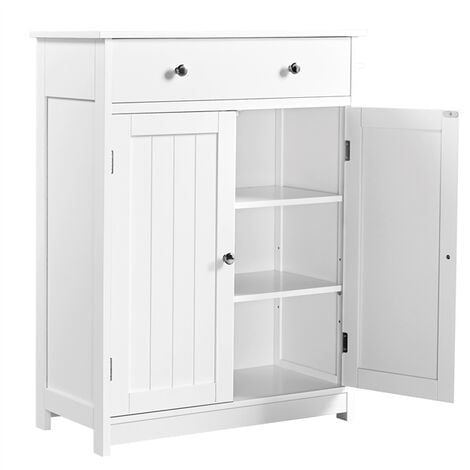 Yaheetech Small Bathroom Storage Unit/Cabinet White Floor Standing Cupboard with One Drawer and Slatted Door 