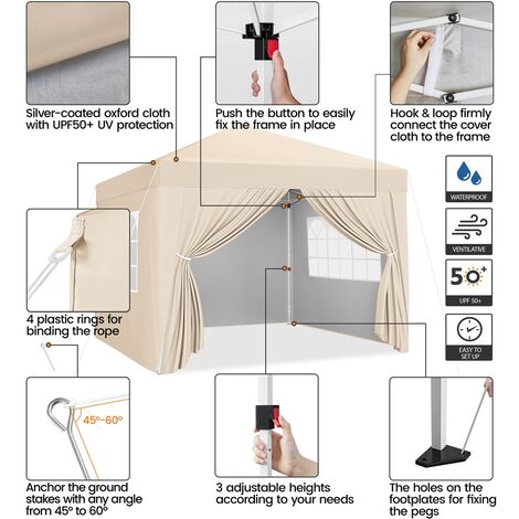 Yaheetech 3x3m Pop Up Canopy Tent with 4 Sidewalls Adjustable Canopy with Roller Bag & Sandbags, Beige