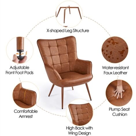 Yaheetech Accent Chair Modern Faux Leather Arm Chair, W73 x D79.5 x H98cm, Brown