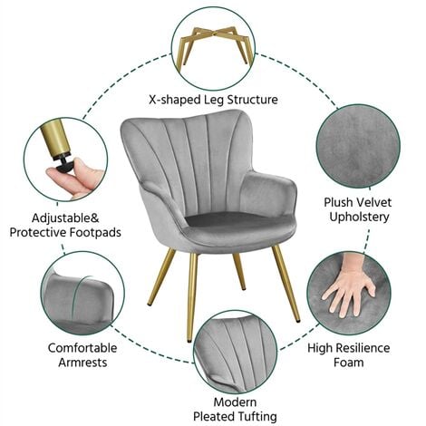 Yaheetech Modern Curved Back Velvet Accent Chair Upholstered Armchair, Light Gray