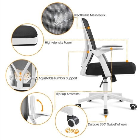 Yaheetech Mesh Office Chair with 90° Flip-up Armrests, White