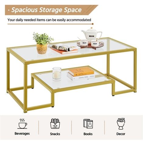 Yaheetech Modern Tempered Glass Coffee Table With Open Shelf Metal-frame Coffee Table, Gold