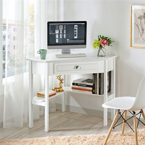Yaheetech Corner Computer Desk with Storage Drawer & Shelves, White