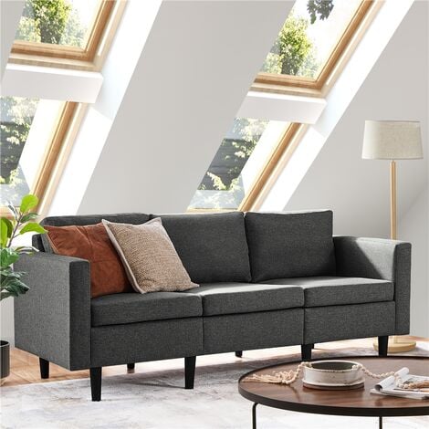 Yaheetech Contemporary 3-Seater Sofa Linen Fabric Upholstered Couch Sofa, Dark Gray