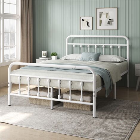 Yaheetech Classic Iron Platform Bed with High Headboard and Footboard, Strong Metal-Framed Bed with Storage, White