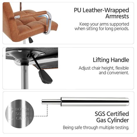 Yaheetech Adjustable Faux Leather Home Office Computer Desk Chairs Swivel Stool Chair on Wheels, Retro Brown