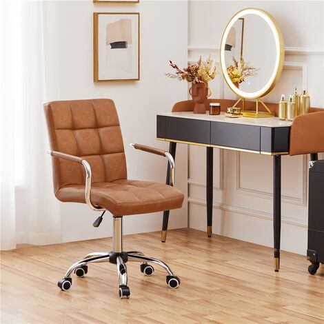 Yaheetech Adjustable Faux Leather Home Office Computer Desk Chairs Swivel Stool Chair on Wheels, Retro Brown