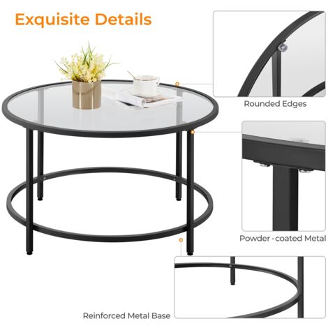 Yaheetech Tempered Glass Round Coffee Table with Protective Foot Pads, Black