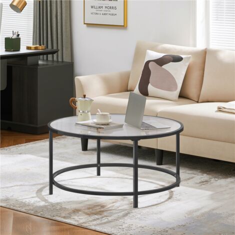 Yaheetech Tempered Glass Round Coffee Table with Protective Foot Pads, Black