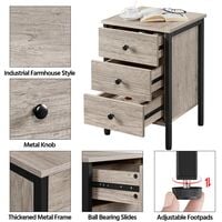 End Tables, Nightstand, 3-Drawer Side Table, Vertical Dresser Tower, Metal Wood Furniture, Gray