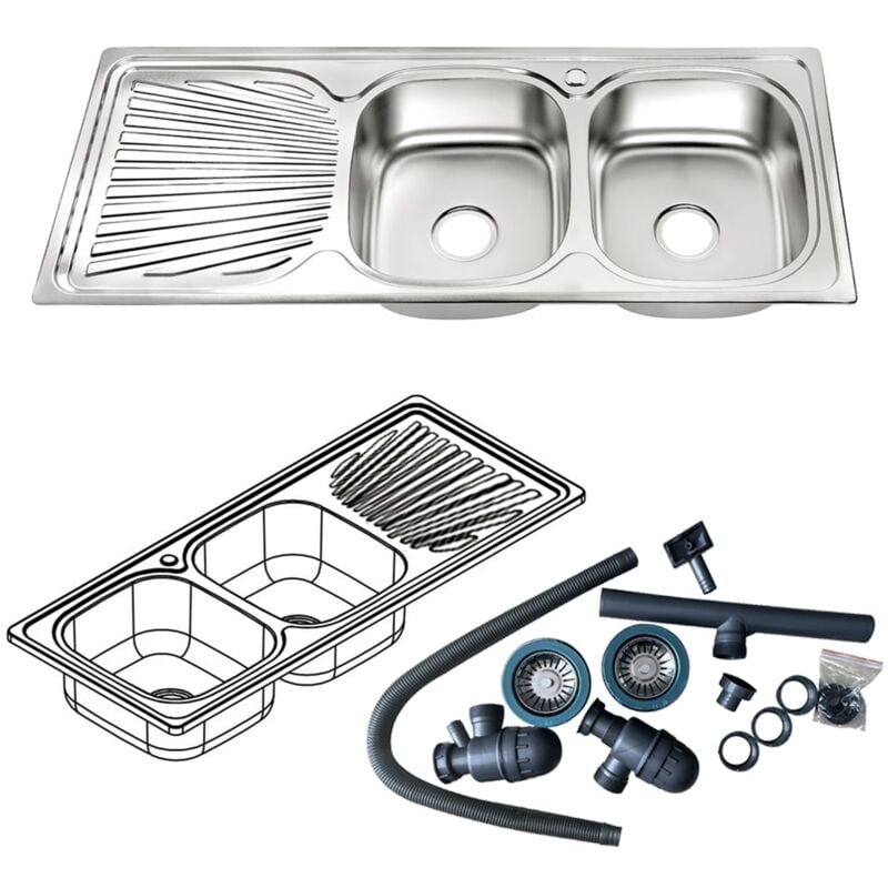 Fregadero de cocina doble encastrado Acero inoxidable 120CM con bandeja con 2 senos Lavamanos empotrado 2 fregaderos