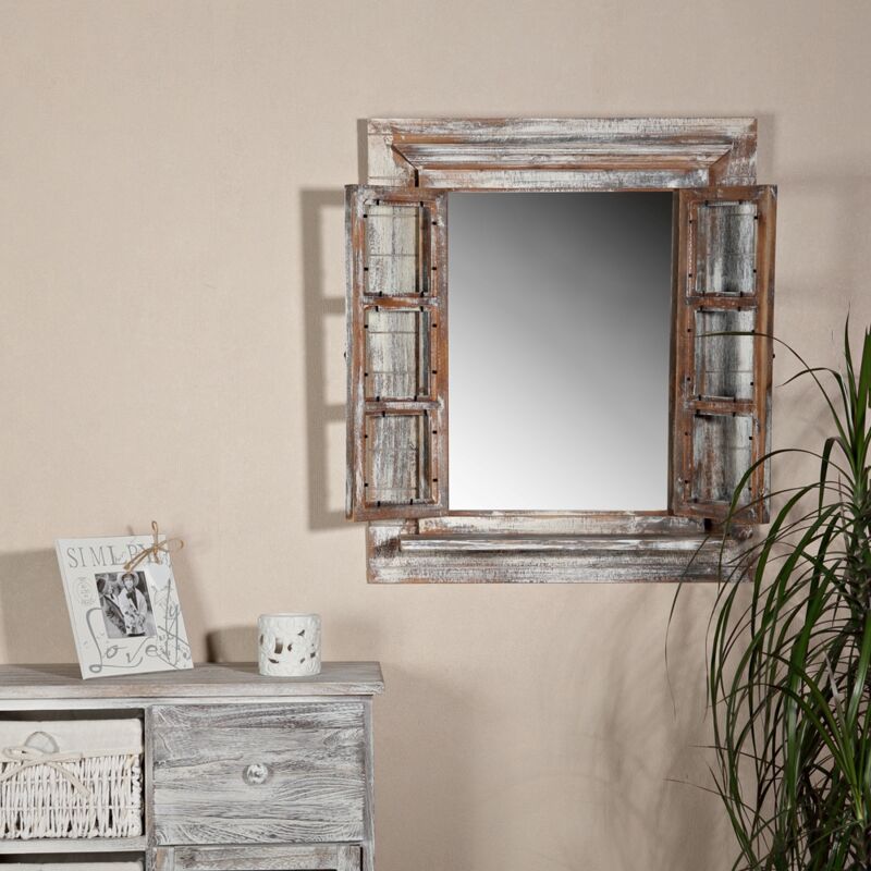 Espejo De Pared Con Persianas Blancas – Madera De Paulownia Y MDF, Marco Tipo Ventana, 53x42x5 Cm, Listo Para Colgar