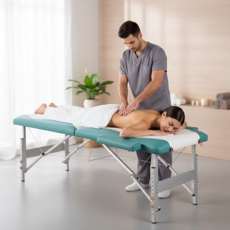 TUMBONA DE MASAJE MESA DE MASAJE BANCO DE MASAJE ALUMINIO BLANCO/VERDE 3 ZONAS BANCO COSMÉTICO CAMILLA DE BELLEZA + BOLSA