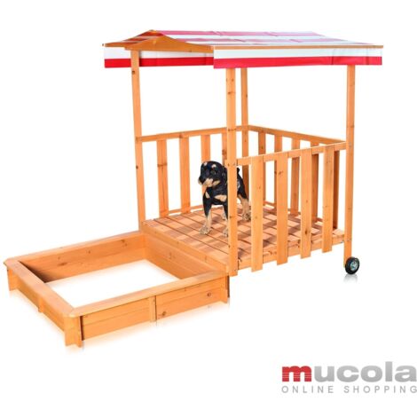 Arenero Caja de arena Casa de juegos con terraza de juegos  de madera con techo ajustable jugar niños jardín exterior juguete NUEVO