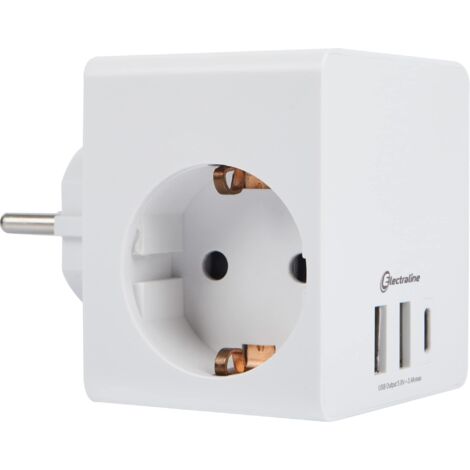 Electraline 55085 Adattatore Multipresa Cubo 3 Prese Schuko + 3 USB 3.4A 17W (2USB A + 1USB C) per caricare contemporaneamente ogni dispositivo elettronico (Smartphone o Tablet), Spina Schuko, bianco