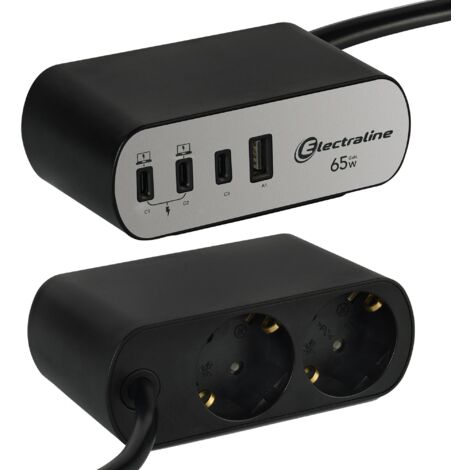 Multipresa da scrivania 2 prese schuko con 4 porte usb type-c pd 65w e usb-a cavo 2 m electraline 62584