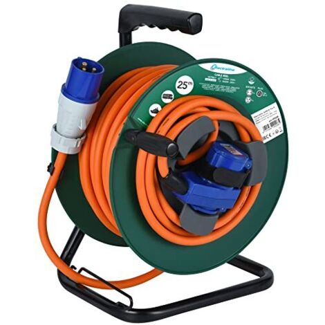 Electraline 49208 Prolunga in gomma con Avvolgicavo 25M per camper, campeggio, caravan, IP44, 2 prese (industriale+Schuko), Spina CEE, Cavo H07RN-F 3G2.5mm, 25M, Camping, Verde
