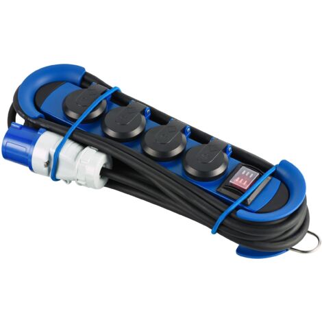 Electraline 62576 Multipresa Outdoor con Spina CEE, 4 Prese Schuko con tappo IP44, appendibile con 2 ganci+elastici fermacavo, Cavo in gomma 3M, H07RN-F 3G1.5, campeggio, caravan, blu/nero