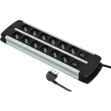 Electraline 61916 Multipresa Alu-Line 12 Posti Polivalenti (Schuko +10/16A) con 2 Interruttori indipendenti, Cavo 2M H05VV-F 3G1.5mm, con Corpo in Alluminio, con protezione per sovraccarico