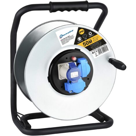 Electraline 49057 Avvolgicavo, Avvolgi-Prolunghe Senza Cavo in Metallo antiruggine per Uso Professionale, con 2 Prese Schuko + 1 Industriale IEC. Maniglia eronomica + Pomello Rotante