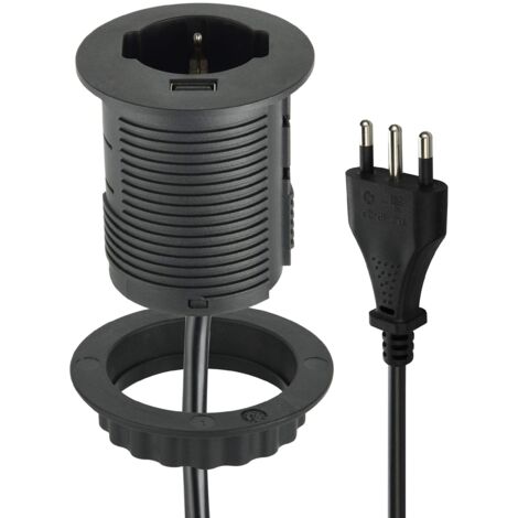 Electraline 61909 Multipresa con 1 Presa Grommet Polivalente (10/16A + Schuko) da incasso per Scrivania + 1 USB Quick Charge 2A, con cavo 2m, Nero